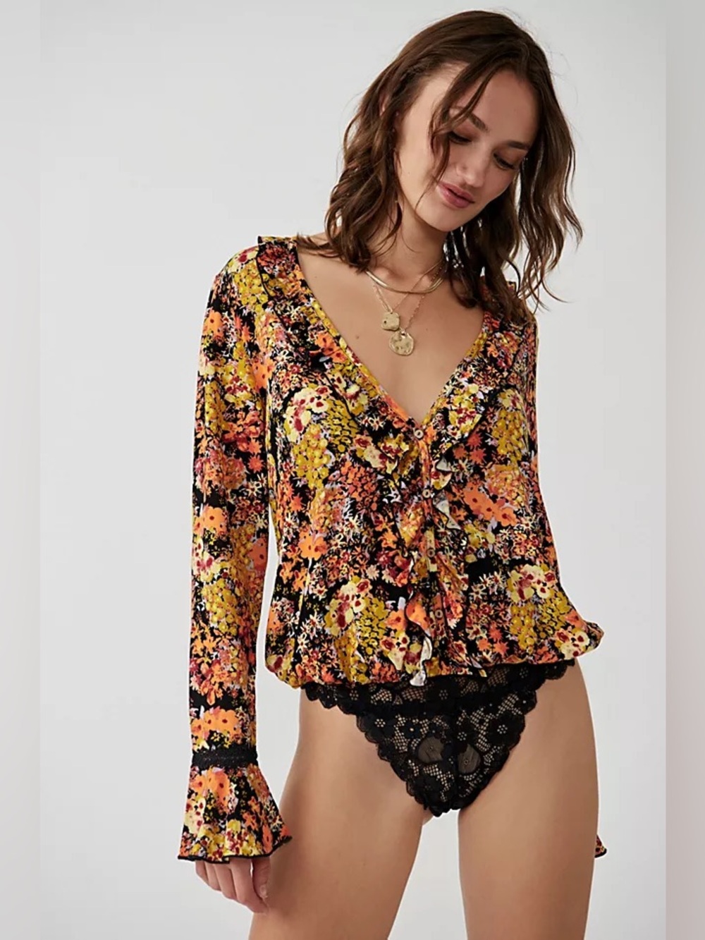 Free People Heat Wave Floral Lace Bodysuit Midnight Combo Size Small NWT